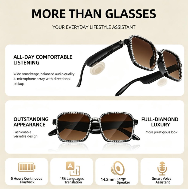 Rhinestone Smart Audio Sunglas - Audio Music Voice ulasan dan harga